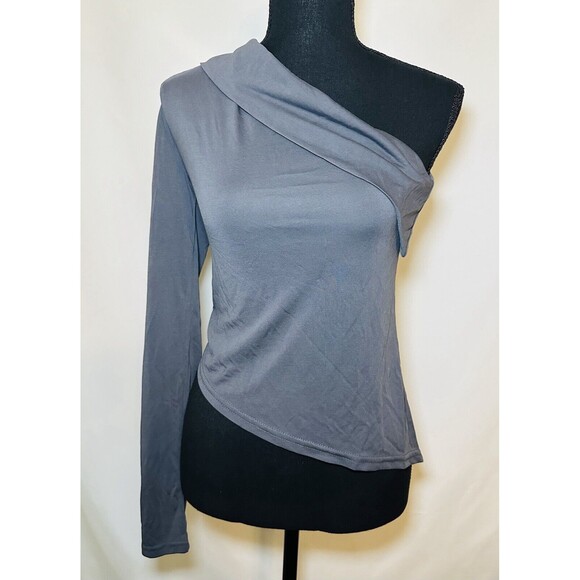 Edikted Fold Over One Shoulder Dark Gray Long Sleeve Top Asymmetrical MEDIUM NWT - Picture 1 of 9